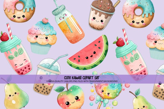 Cute Kawaii Clipart Set, Digital and Printable PNG files, Adorable Food Drink Sweets, Journal clip art, Kids birthday, Doodles