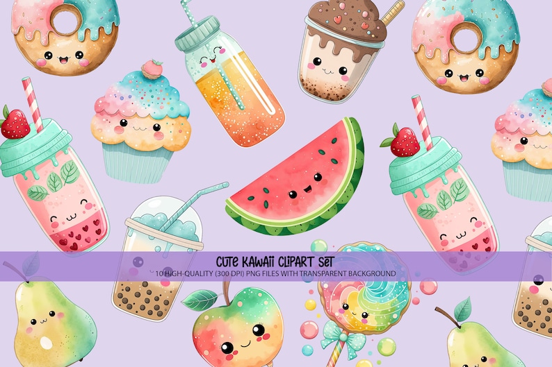 K&ouml;nnte beinhalten: Eine Sammlung niedlicher Illustrationen im Aquarellstil mit verschiedenen Speisen und Getr&auml;nken, darunter ein Donut, ein Cupcake, eine Wassermelonen-Scheibe und Bubble Tea. Der Text "CUTE KAWAII CLIPART SET" ist auf einem lila Banner zu sehen.