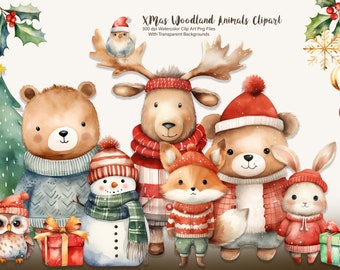 Watercolor Woodland Christmas Animals Clipart Bundle (42 PNG Files)