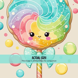 K&ouml;nnte beinhalten: Aquarell-Illustration eines bunten Lollipops mit einem l&auml;chelnden Gesicht. Der Lollipop hat ein Regenbogen-Wirbel-Design und ist an einem gestreiften Stiel mit einer blauen Schleife befestigt. Der Text "ACTUAL SIZE" ist sichtbar.