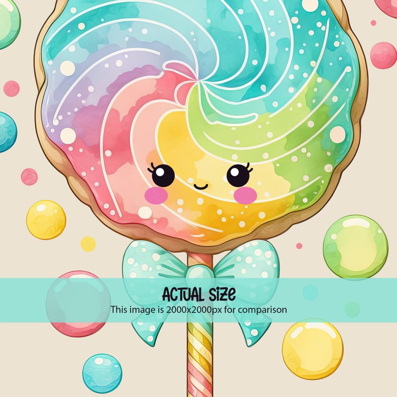 K&ouml;nnte beinhalten: Aquarell-Illustration eines bunten Lollipops mit einem l&auml;chelnden Gesicht. Der Lollipop hat ein Regenbogen-Wirbel-Design und ist an einem gestreiften Stiel mit einer blauen Schleife befestigt. Der Text "ACTUAL SIZE" ist sichtbar.
