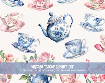 Vintage Watercolor Teacups Clip Art Set - Pink and Blue Roses, Tea Party Graphics - Digital & Printable