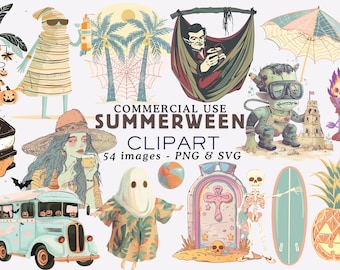 Summerween Clipart PNG Set: Spooky Halloween Pool Party Graphics (Commercial Use, Digital Download)
