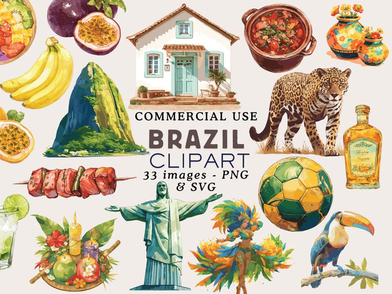 A colorful collage of 33 Brazil-themed clipart images available in PNG and SVG formats for commercial use. The set includes iconic elements like the Christ the Redeemer statue, Sugarloaf Mountain, tropical fruits (bananas, passion fruit), a jaguar, a toucan, traditional Brazilian food, a carnival dancer, a green and yellow soccer ball, a caipirinha drink, and cultural decorations. At the center is a charming Brazilian house with text reading "Commercial Use Brazil Clipart."
