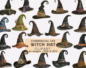 Watercolor Halloween Witch Hats Clipart Bundle Spooky Halloween Illustrations Wizard Patchwork Design Commercial Use Junk Journal