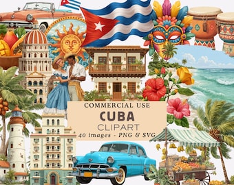 Watercolor Cuba Clipart Cuban Culture and Landmarks Illustrations Tropical Carribean Travel Graphics Havana PNG Commercial Use Junk Journal
