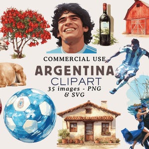 Pode incluir: Conjunto de cliparts em aquarela com temas argentinos. Inclui imagens de uma bola de futebol, um retrato, um celeiro, uma garrafa de vinho, uma lhama, uma árvore, um jogador de futebol, uma casa e um casal dançando tango. O texto diz "ARGENTINA CLIPART".