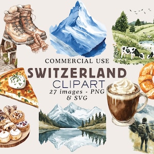 Puede incluir: Conjunto de imágenes prediseñadas de acuarela con temas suizos. Incluye imágenes de botas de montaña, una montaña, un paisaje con vacas, una porción de quiche, pasteles, una escena de lago, una bebida de café, un pretzel y un excursionista.
