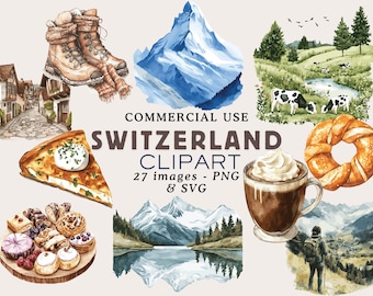 以下が含まれることがあります： スイスをテーマにした水彩画クリップアートセット。ハイキングブーツ、山、牛がいる風景、キッシュの一切れ、ペストリー、湖の景色、コーヒー飲料、プレッツェル、ハイカーの画像が含まれています。