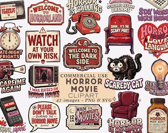 Horror Movie Halloween Clipart Bundle Dark Humor Icons Illustrations Scary Film Phrases Graphics Spooky Movie Night Commercial Use