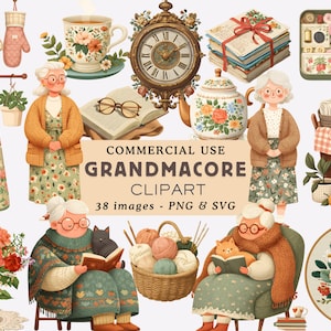 May include: A collection of "Grandmacore" clipart images featuring vintage-style illustrations. Includes images of a teapot, teacup, clock, books, aprons, mittens, and a woman with glasses. The text reads "COMMERCIAL USE GRANDMACORE CLIPART 38 images - PNG & SVG."
