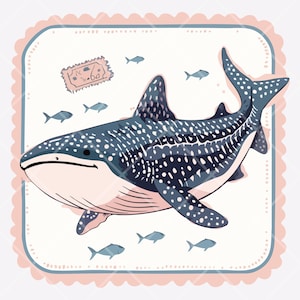 Pu&ograve; includere: Illustrazione di uno squalo balena con ventre rosa chiaro e macchie blu scuro, circondato da piccoli pesci blu. Lo squalo balena &egrave; all'interno di una cornice quadrata con un bordo smerlato rosa e blu. Un piccolo francobollo &egrave; nell'angolo in alto a sinistra.