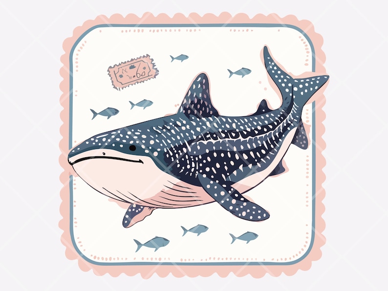 Pu&ograve; includere: Illustrazione di uno squalo balena con ventre rosa chiaro e macchie blu scuro, circondato da piccoli pesci blu. Lo squalo balena &egrave; all'interno di una cornice quadrata con un bordo smerlato rosa e blu. Un piccolo francobollo &egrave; nell'angolo in alto a sinistra.