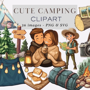 Lindos gráficos de camping, ilustraciones de camping, imágenes prediseñadas de campamento, imágenes prediseñadas de bosque de montaña, lindos PNG de camping, naturaleza PNG, uso comercial