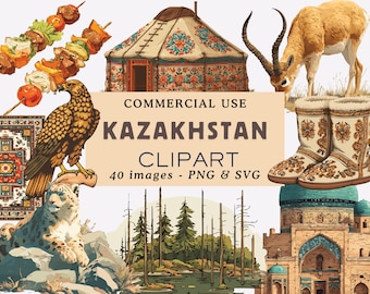 Raccolta di clipart del Kazakistan, clipart di viaggio, PNG del Kazakistan, illustrazioni grafiche del Kazakistan, uso commerciale estetico del Kazakistan
