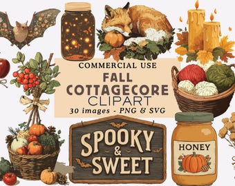 May include: A collection of fall-themed clipart images. Includes a bat, a jar with lights, a sleeping fox, candles, a basket of yarn, a basket of pumpkins, a sign that says "Spooky & Sweet", and a jar of honey.