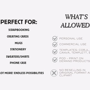 Peut inclure: Graphique avec du texte &eacute;num&eacute;rant les utilisations de divers produits, notamment le scrapbooking, la cr&eacute;ation de cartes, les tasses, la papeterie, les pulls/chemises et les coques de t&eacute;l&eacute;phone. Le texte indique &eacute;galement ce qui est autoris&eacute;.