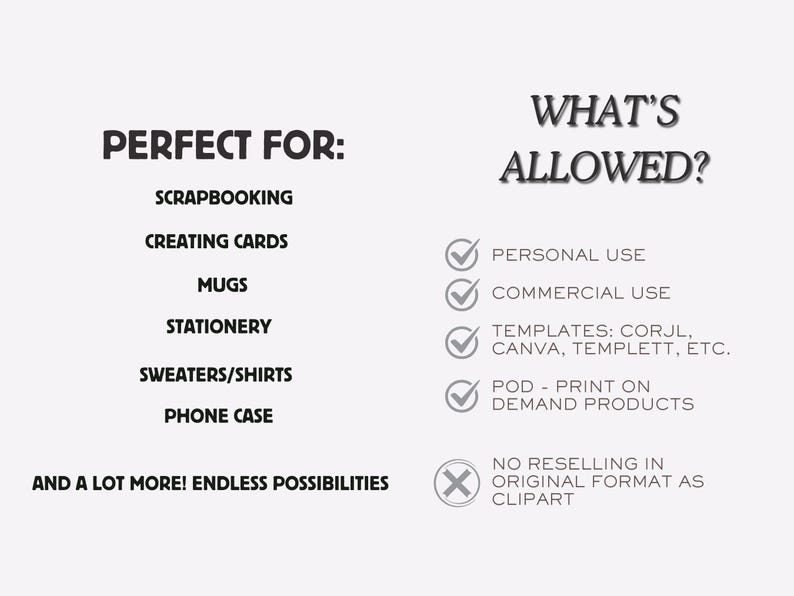 Peut inclure: Graphique avec du texte &eacute;num&eacute;rant les utilisations de divers produits, notamment le scrapbooking, la cr&eacute;ation de cartes, les tasses, la papeterie, les pulls/chemises et les coques de t&eacute;l&eacute;phone. Le texte indique &eacute;galement ce qui est autoris&eacute;.