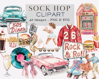 May include: A set of 40 digital illustrations in PNG and SVG format featuring a 1950s sock hop theme. The illustrations include a vintage car, a diner sign, a jukebox, a hamburger, french fries, a milkshake, a record, roller skates, a microphone, a music note, a letterman jacket, and a couple dancing.