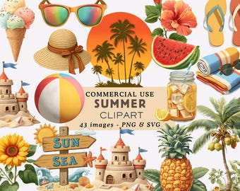 Summer Clipart Bundle Beach Party Illustrations Tropical Vacation Graphics Beach Holiday PNG Seasonal SVG Commercial Use