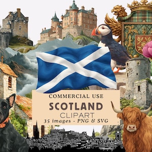 May include: Digital artwork showcasing Scottish imagery. Depicted are a Scottish flag, castles, a puffin, a Highland cow, and a black dog. Text reads "COMMERCIAL USE SCOTLAND CLIPART 35 images - PNG & SVG."