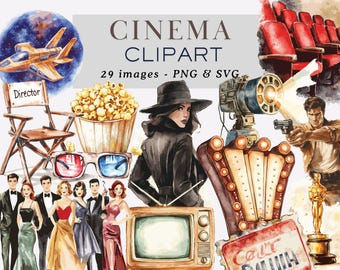 May include: A watercolor illustration of a cinema themed clipart set. The set includes a director's chair, popcorn, 3D glasses, a vintage television, a movie clapperboard, a spotlight, a film reel, a movie ticket, an Oscar statue, a woman in a black coat and hat, a man in a brown jacket, and a row of red theater seats. The text "Cinema Clipart" and "29 images - PNG & SVG" is included in the image.