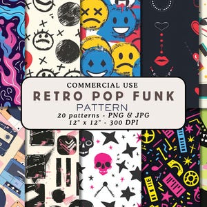 May include: A selection of vibrant Retro Pop Funk patterns featuring smiley faces, cassette tapes, musical notes, and abstract designs. The patterns measure 30.48 cm x 30.48 cm and are available in PNG and JPG formats.