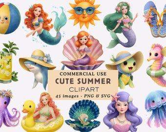 Cute Summer Clipart Bundle Girly Under the Sea Illustrations Cosy Summer Vacation Graphics Kawaii Sea Life Commercial Use Junk Journal