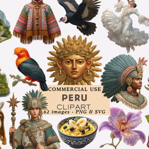 Könnte beinhalten: Eine digitale Sammlung von Cliparts zum Thema Peru mit Machu Picchu, einem bunten Poncho, einem Andenkondor, einer Tänzerin im weißen Kleid, einem goldenen Dolch, einer Hütte, einem Andenklippenvogel, einer Sonnenmaske, einer Person in traditioneller Tracht, violettem Mais, einem Lama, einer Schüssel mit Essen, einer Orchidee und Kakao. Text: COMMERCIAL USE PERU CLIPART 62 images - PNG & SVG.