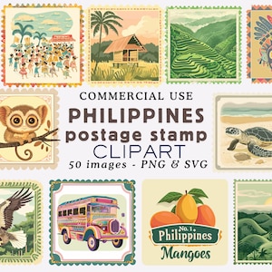 A collection of illustrated postage stamp cliparts themed around the Philippines, featuring 50 PNG and SVG images for commercial use. The stamps include colorful depictions of a jeepney, rice terraces, a tarsier, a carabao, traditional dances, a volcano, tropical landscapes, local huts, a turtle on the beach, the Philippine eagle, a tribal mask, waterfalls, and mangoes labeled “No. 1 Philippines Mangoes.” Each stamp is bordered with vintage perforation-style edges and vibrant, nostalgic.