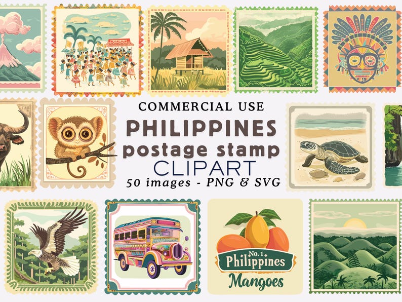 A collection of illustrated postage stamp cliparts themed around the Philippines, featuring 50 PNG and SVG images for commercial use. The stamps include colorful depictions of a jeepney, rice terraces, a tarsier, a carabao, traditional dances, a volcano, tropical landscapes, local huts, a turtle on the beach, the Philippine eagle, a tribal mask, waterfalls, and mangoes labeled “No. 1 Philippines Mangoes.” Each stamp is bordered with vintage perforation-style edges and vibrant, nostalgic.