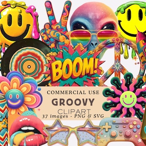 May include: A collection of colorful, retro-themed clip art images. Includes a smiley face, peace sign, alien with rainbow sunglasses, a rocket, and the word "BOOM!" in a comic book style. The text "GROOVY CLIPART" is also present.