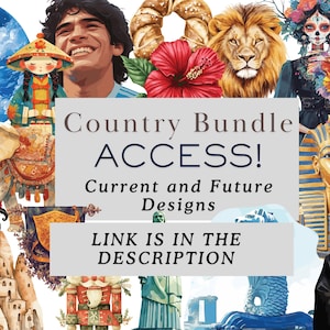 Peut inclure: Un collage d'illustrations repr&eacute;sentant des ic&ocirc;nes et des monuments culturels du monde entier. Comprend un portrait souriant, un lion, une fleur d'hibiscus rouge et une t&ecirc;te de mort. Le texte indique "Country Bundle ACCESS! Current and Future Designs. LINK IS IN THE DESCRIPTION."