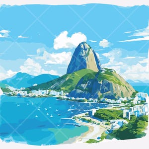 Peut inclure: Illustration d'un paysage c&ocirc;tier avec une grande montagne, probablement le Pain de Sucre, sous un ciel bleu et nuageux. La sc&egrave;ne comprend une baie avec des bateaux, une plage et des b&acirc;timents.