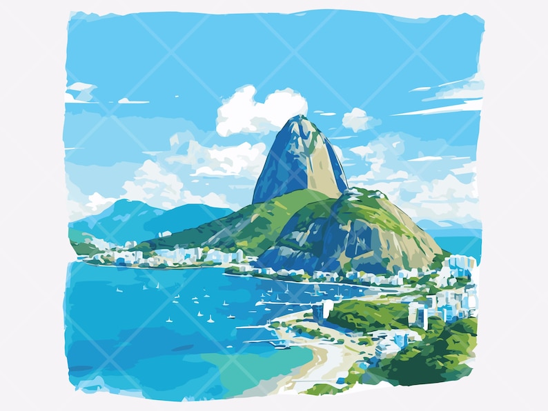Peut inclure: Illustration d'un paysage c&ocirc;tier avec une grande montagne, probablement le Pain de Sucre, sous un ciel bleu et nuageux. La sc&egrave;ne comprend une baie avec des bateaux, une plage et des b&acirc;timents.
