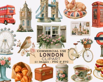 Watercolor London Clipart Bundle British Culture and Travel Illustrations UK Landscape and City Sights Graphics Commercial Use Junk Journal