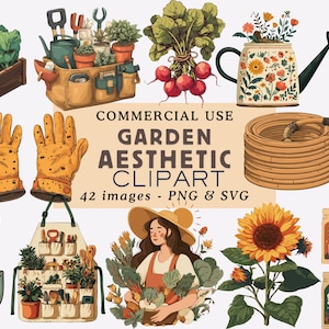 Vintage Gartenarbeit Clipart Bundle: Gartenwerkzeuge, Pflanzen (PNG, SVG) Digital Download