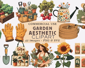 Vintage Gardening Clipart Bundle: Garden Tools, Plants (PNG, SVG) Digital Download