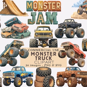 May include: A digital collection of monster truck clipart featuring various trucks in red, blue, yellow, and black, a pile of crushed cars, a dirt ramp, stadium lights, a red fuel can, and a stack of tires, with the text Monster Jam and Commercial Use.