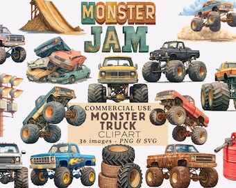 Watercolor Monster Truck Clipart Bundle Big Offroad Truck Illustrations Race Car Graphics Commercial Use Junk Journal Party Decor PNG