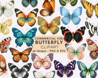 Pacchetto di clipart di farfalle, illustrazioni di farfalle colorate primaverili, grafica di farfalle da giardino, download digitale, uso commerciale, diario spazzatura