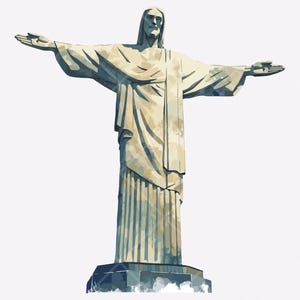 Peut inclure: Illustration de la statue du Christ R&eacute;dempteur &agrave; Rio de Janeiro, Br&eacute;sil. La statue est repr&eacute;sent&eacute;e dans un style aquarelle, avec une couleur beige clair et les bras tendus. Elle est sur une base gris fonc&eacute;.