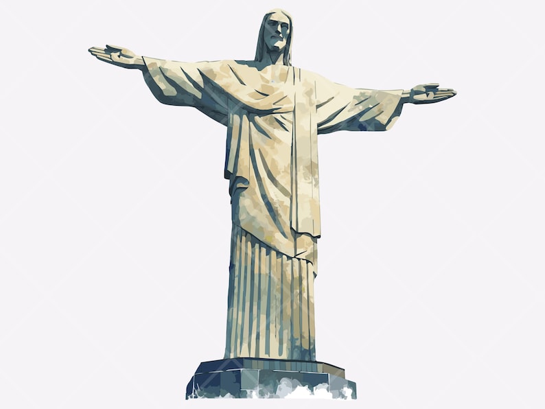 Peut inclure: Illustration de la statue du Christ R&eacute;dempteur &agrave; Rio de Janeiro, Br&eacute;sil. La statue est repr&eacute;sent&eacute;e dans un style aquarelle, avec une couleur beige clair et les bras tendus. Elle est sur une base gris fonc&eacute;.