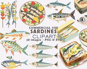 Skurrile Sardinen Clipart: Nautische Fischer PNG Grafik (kommerzielle Nutzung, digitaler Download)