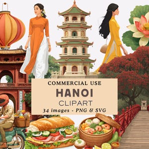 Puede incluir: Conjunto de imágenes prediseñadas digitales con elementos culturales vietnamitas. Incluye ilustraciones de ropa tradicional, arquitectura, comida y un scooter. Se muestra el texto "COMMERCIAL USE HANOI CLIPART".