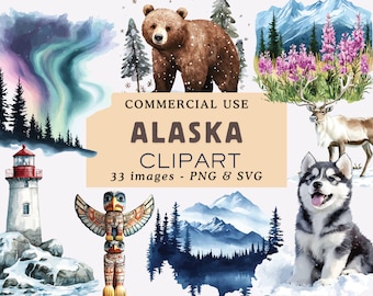 Bundle de cliparts de l'Alaska, cliparts de la ville, illustrations de paysage sauvage PNG Journal indésirable Scrapbooking, scène de la nature de l'Alaska PNG voyage Clipart