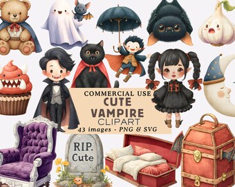 Cute Vampires Clipart Bundle Watercolor Vampires Graphics Kawaii Vampire Halloween Graphics Spooky Illustrations Junk Journal Scrapbooking