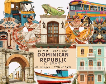 Pacchetto di clipart della Repubblica Dominicana, illustrazioni di viaggi tropicali, grafica trasparente PNG dei Caraibi, file PNG per scrapbooking e diario spazzatura