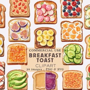 May include: A collection of illustrated breakfast toast slices with various toppings, including bacon, fruit, vegetables, and eggs. The text "COMMERCIAL USE BREAKFAST TOAST CLIPART" is also visible.