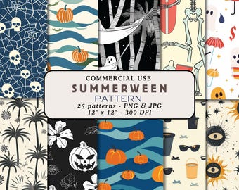 Summerween naadloos png Summerween Naadloos patroon Summerween Digitaal papieren patroon Summerween Griezelig zomer naadloos patroon Halloween-patroon Afdrukbaar papier
